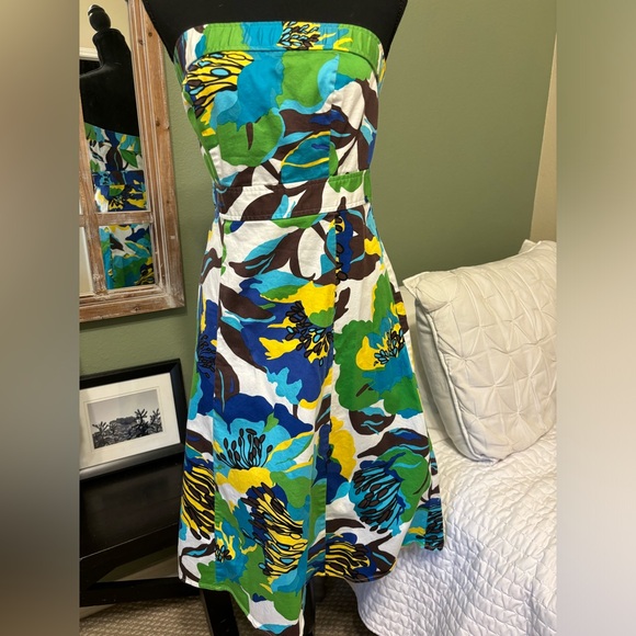 Strapless dress Tropical Sz 8 Medium Blue Green Floral Dress cotton lined - Picture 11 of 11